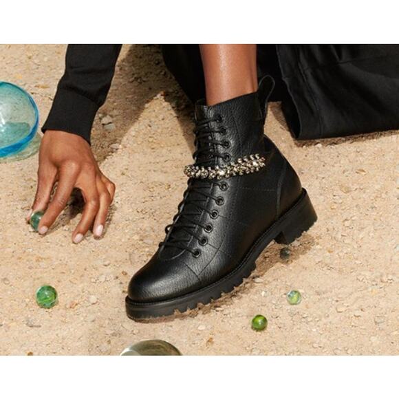 JIMMY CHOO Cruz Flat Black Grainy Leather Combat Boots with Crystal Detail - Picture 2 of 16